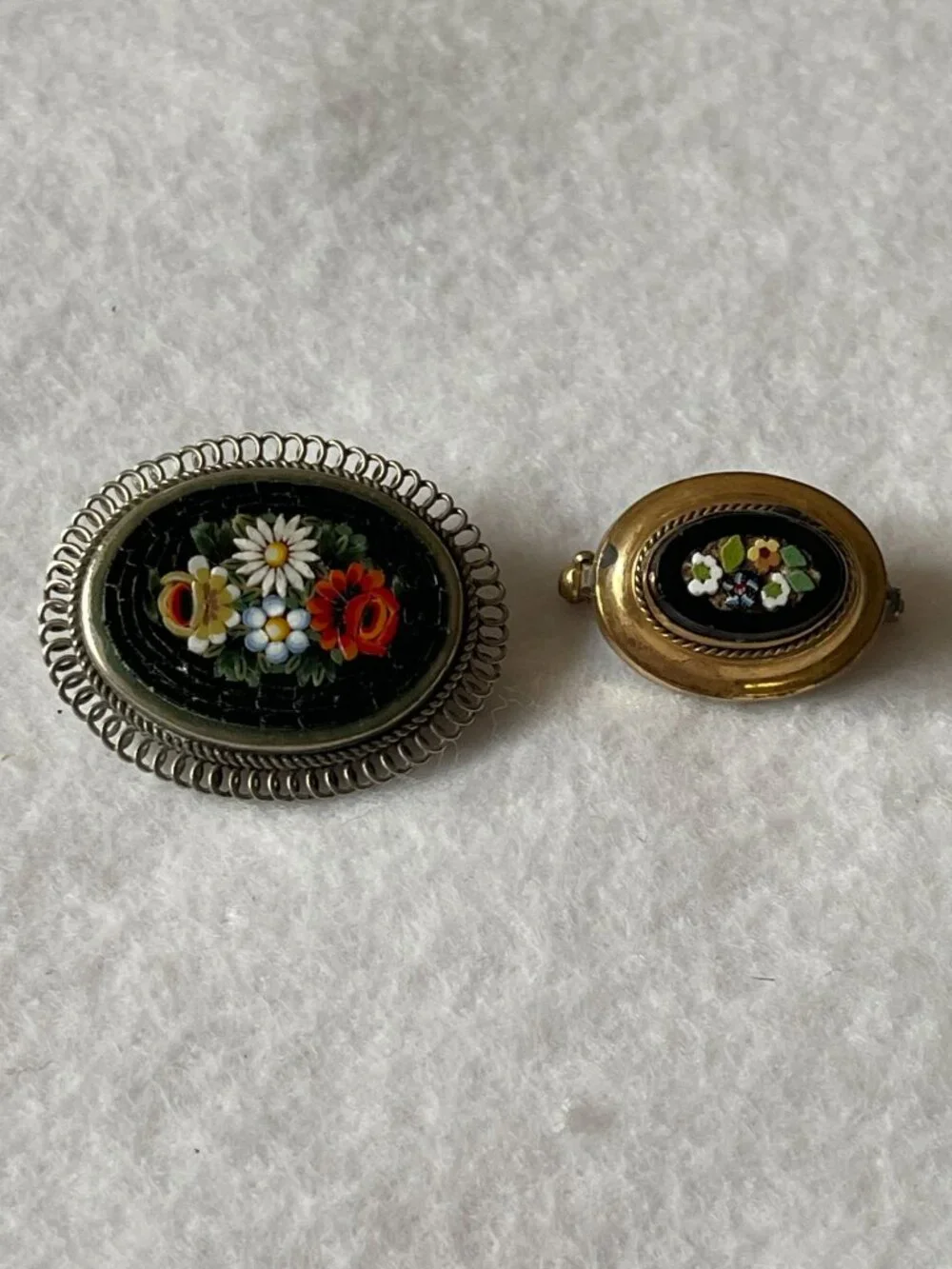 Two Vintage Italian Micro Mosaic Brooches Floral Design Gold & Silver Tone Oval